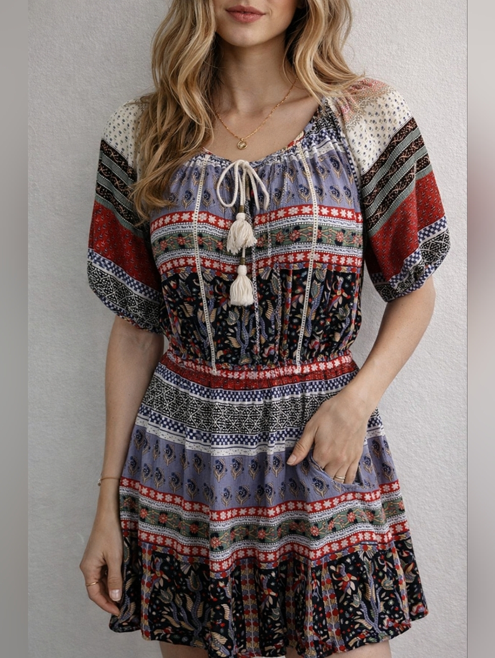 Boho Mini Dress 100% Viscose Forever 21 Tassel Tie Festival Summer Size M